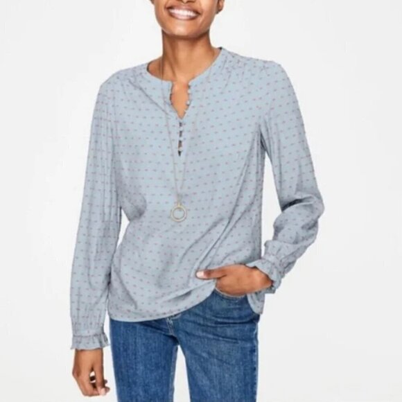 Boden Lori Light Blue Pink Embroidered Henley Long Sleeve Blouse 4 - Picture 1 of 5